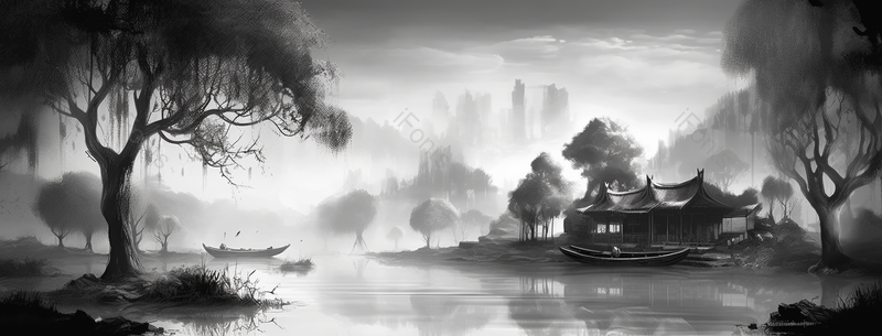 山水河流复古风意境自然景观中式风水墨画,插画/手绘图,插画/手绘图库,插画/手绘图下载,插画/手绘